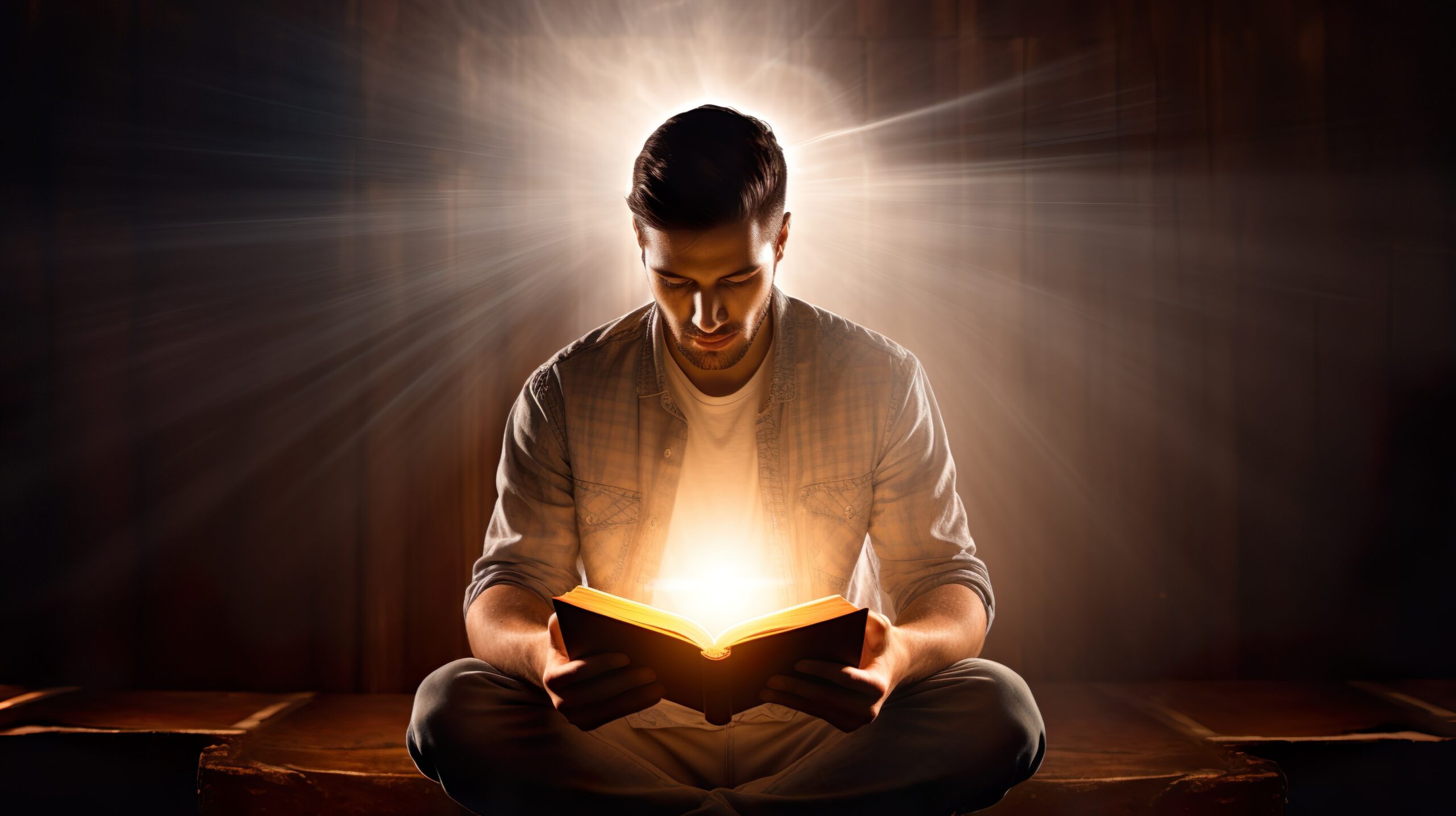 A man reading the Bible as it lights up.