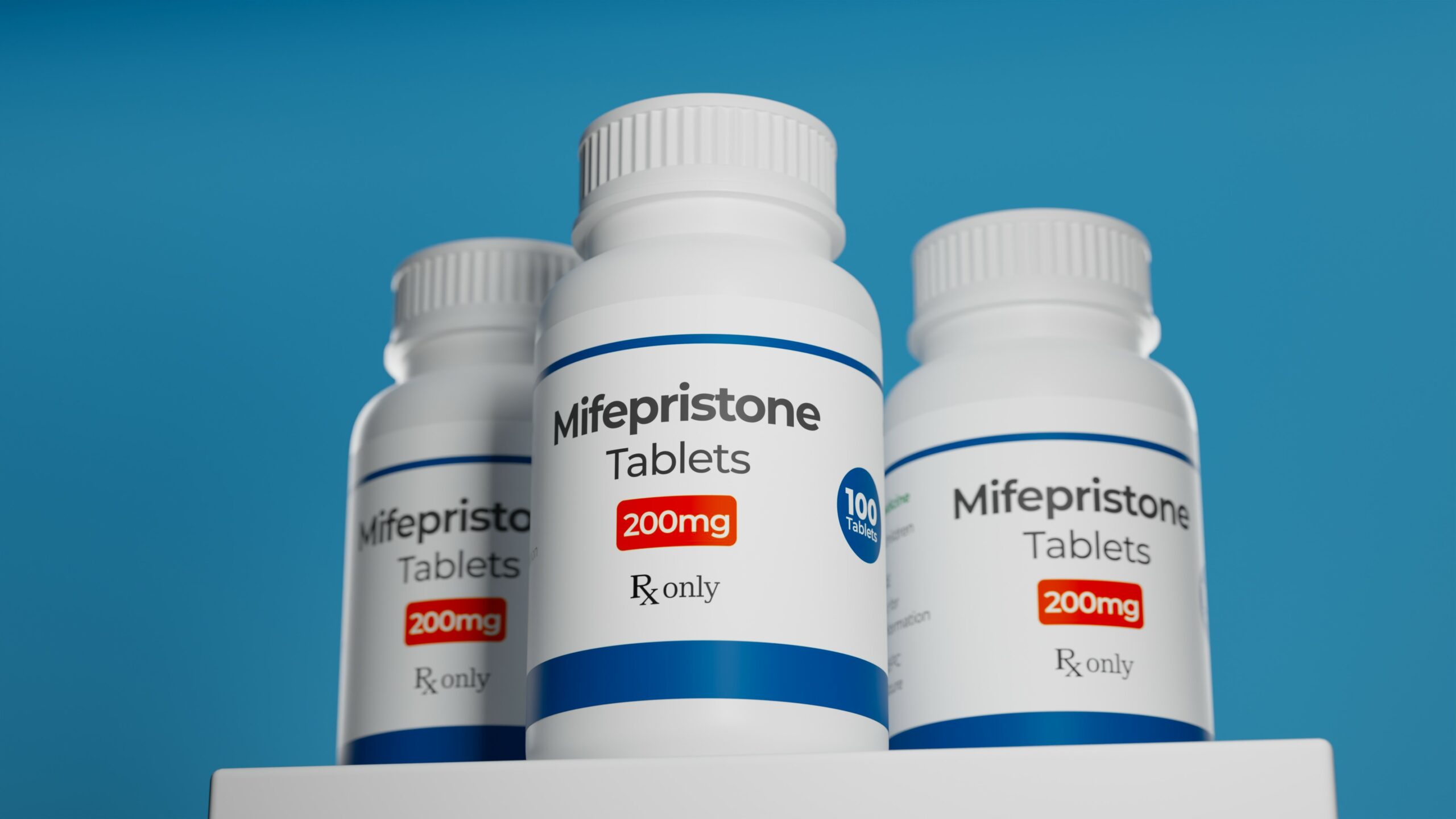 Mifepristone tablets in bottle. RU-486 Medical abortion pills. Used in combination with misoprostol. 3D illustration.