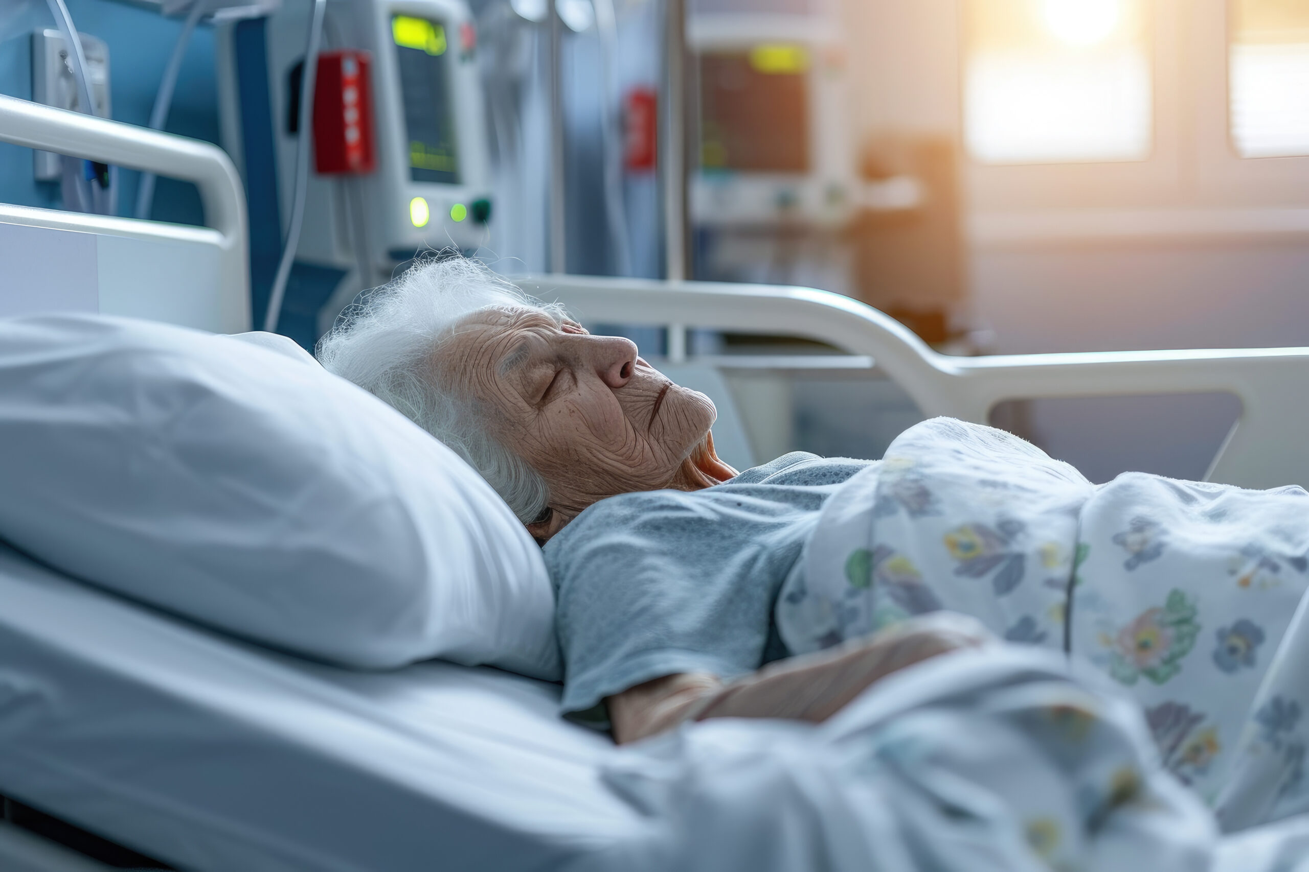 Elderly woman lying in a hospital bed.
